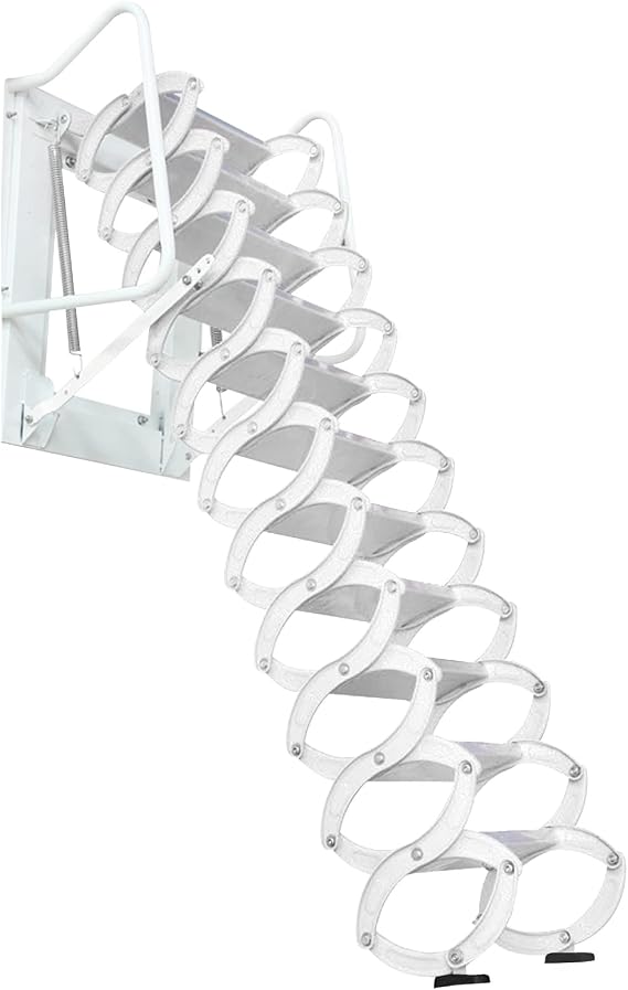 Attic Ladder Pull Down 12 Steps Telescopic Ladder Alloy Attic Stairs Wall-Mounted Folding Stairs 2.7-2.8 m Height Attic Steps with Armrests (White)