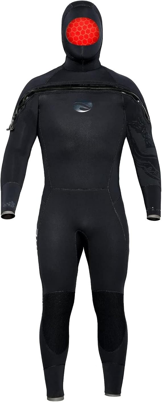 BARE 8/7MM Men's Velocity Ultra Semi-Dry Wetsuit | Attached Hood | Unique Omnired Material Woven into The Torso & Hood for Added Warmth| Full Stretch Neoprene | Cross Chest Zipper