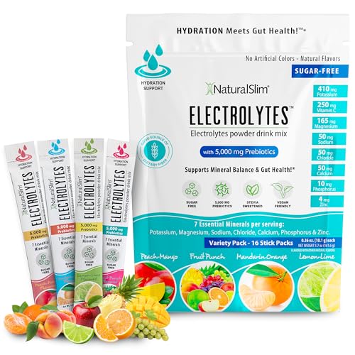 NaturalSlim Hydration & Energy Drink Mix with Prebiotics, Gut Health Support, Electrolytes Powder Packets, Sugar-Free Electrolytes, 16 Stick Packs, Variety Pack