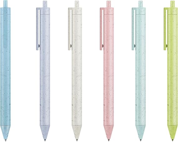 BallPoint Pens, Eco-Friendly Wheat Straw Cute Macaron Retractable Ballpoint Pen Set - 6 Pack | Black Ink Medium Point 1.0mm, Portable, Comfortable Writing | Office Bible Journaling Pens (6)