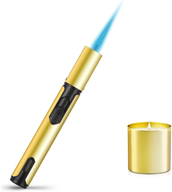Torch Lighter Windproof Jet Lighter, Refillable Butane Pen Shape Lighters with Gas Window, Versatile Kitchen Outdoor Candle Baking BBQ Grill Torch,1 Pack (Butane NOT Included) (Gold)