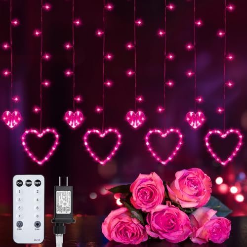 Valentines Day Decor, Pink Love Heart String Lights for Bedroom, 12 Hearts 138 LED Fairy Twinkle Lights with Remote, 8 Lighting Modes Connectable Window Lights for Valentines Day Wedding Home Decor