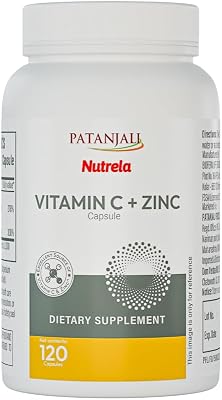 patanjali Nutrela Vitamin C  Zinc Capsules | Immune Support Supplement with Plant-Based Herbal Blend | Antioxidant & Immunity Booster for Adults | 120 Vegetarian Capsules