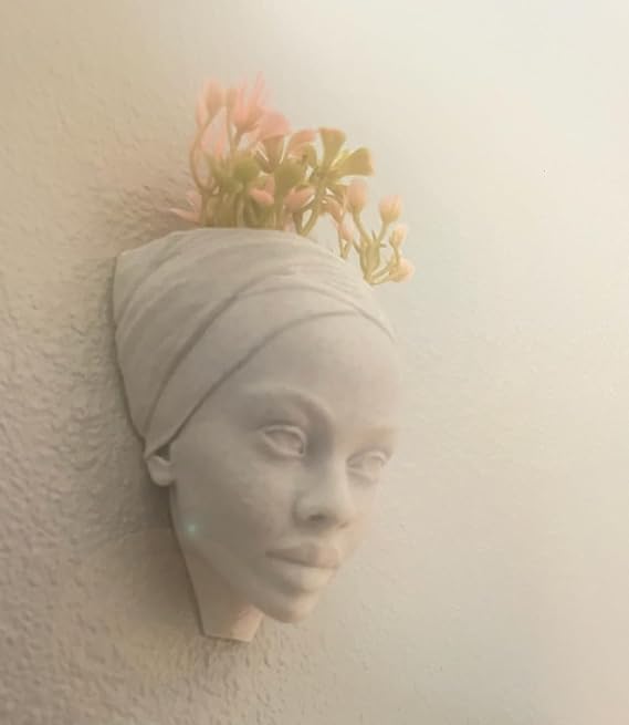 African Woman Head Planter - Black Girl Wall Art & Ebony Lady Face Flower Pot, Perfect Indoor-Outdoor Gardening Gift, Boho Modern Decor - Living Room, Bedroom (White Marble Stone, Regular 7" (Height))