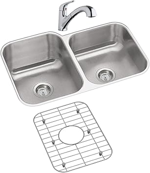 Elkay DXUH312010RDFBG 18 Gauge Stainless Steel Double Bowl Undermount Kitchen Sink Kit, 31.75 x 20.5 x 10"