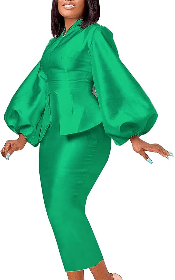AOMEI Women's V Neck Long Lantern Sleeve High Waist Peplum Christmas Bodycon Dress