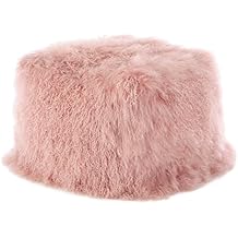 SARO LIFESTYLE Mongolian Lamb Wool Pouf Ottoman Rose, 18 x 18 x 16 with Firm Insert, Luxury Textured Accent Footrest or Extra Seating