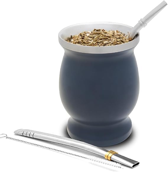 BALIBETOV Stainless Steel Double-Wall Mate Cup And Bombilla Set - Yerba Mate set Includes One Yerba Mate Cup, 2 Bombillas Mate (Straw) & Brush - Easy to Clean