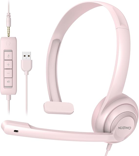 NUBWO HW02 USB Headset with Microphone Noise Cancelling &in-line Control, Ultra Comfort Computer Headphones for Laptop pc, On-Ear Wired Office Call Center Headset for Boom Skype Webinars Pink