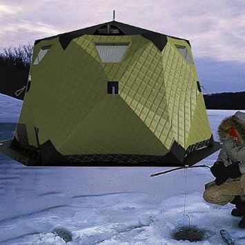 Ice Fishing Shelter with Stove Jack and Floor, Portable Ice Fishing Tent 420D Insulated Layer Ice Shanty Hexagon Ice Huts