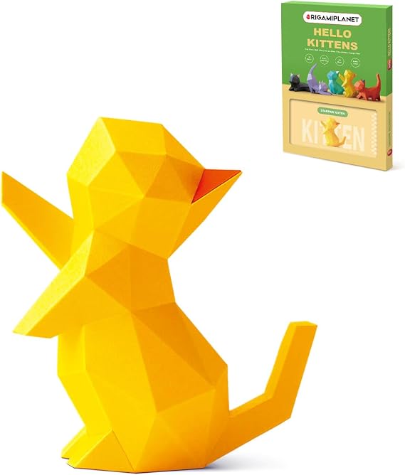 3D Origami Paper Craft Kit, Starpaw Kitten Cute DIY Pre-Cut Animal Papercraft Model for Beginners, Fun Handmade Home Decoration Gift for Adults &amp; Teens-Yellow