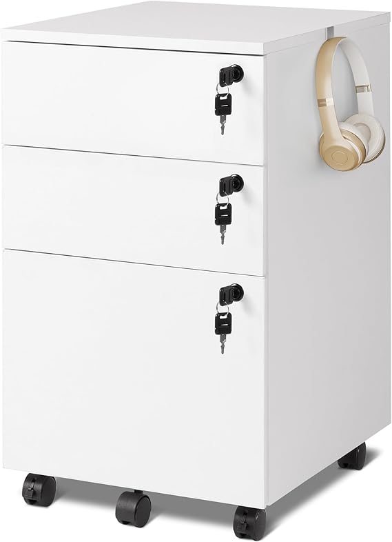 DEVAISE 3 Drawers Filing Cabinet, Lockable File Cabinet Wood Under Desk Drawers with Storage fits Letter/Legal/A4 Size for Home Office, Bright White
