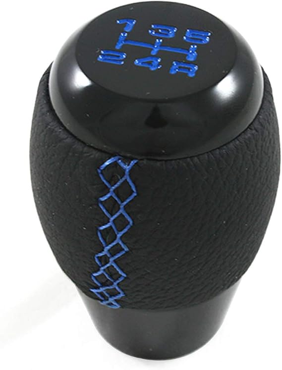 JDM Si Sport Style Black Leather 5 Speed Manual Shift Shifter Gear Knob W/Color Stitching - Blue