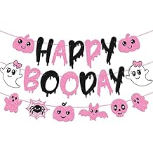 Happy Boo Day Banner Pink Black Halloween Ghost Bat Little Boo Themed for Girl Happy Boo Day Baby Shower Party Supplies Glitter Halloween Decorations