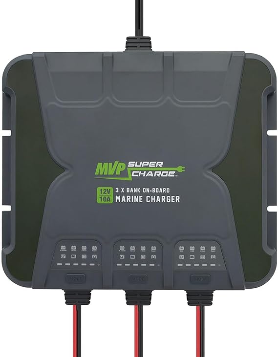 Marine Battery Charger - 30A 3-Bank (10A/Bank) Onboard 12V Waterproof Boat Charger Battery Maintainer for AGM/Calcium/Lithiumn/Deep-Cycle Batteries