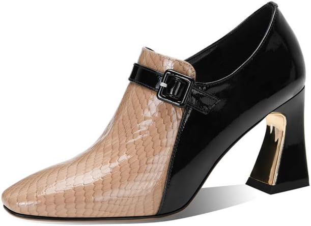 TinaCus Women's Genuine Leather Round Toe Handmade Buckle Side Zipper Multi-Colored Mid Chunky Heel Stylish Pumps Shoes
