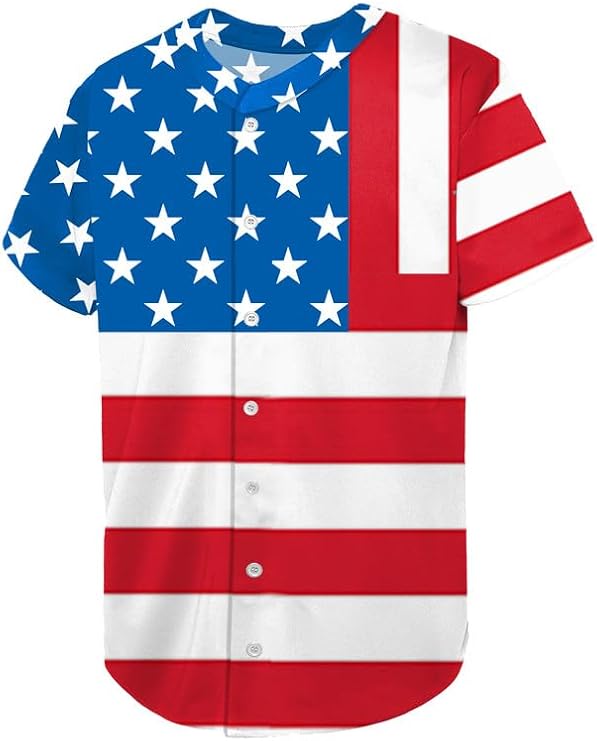 Man Red White Blue Button Jersey Memorial Day Button Shirt Patriot America Flag Short Sleeve Football Jersey M