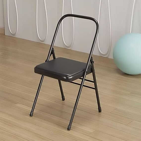 Yoga Auxiliary Chair - Portable Folding Backless Iyengar Yoga Chair with Non-Slip Feet Covers, PU Leather, Double Beam Design, Black