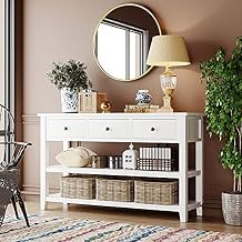 Console Table with 3 Top Drawers and 2 Open Shelves, Retro Style Wood Sofa Tables & Entryway Tables & Sideboards, 50" L x 16" W x 30" H (Antique White)