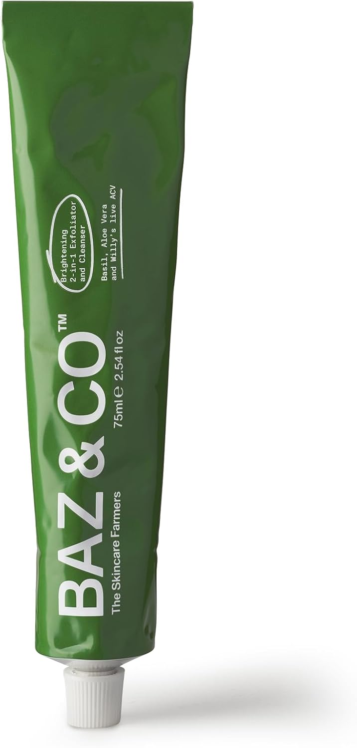 BAZ & CO Men's Face Exfoliator and Cleanser 2-in-1 With Basil, Aloe Vera and Apple Cider Vinegar – Brightening Face Scrub and Gentle Facial Cleanser For Men, Removes Grime and Pollution – 75ml