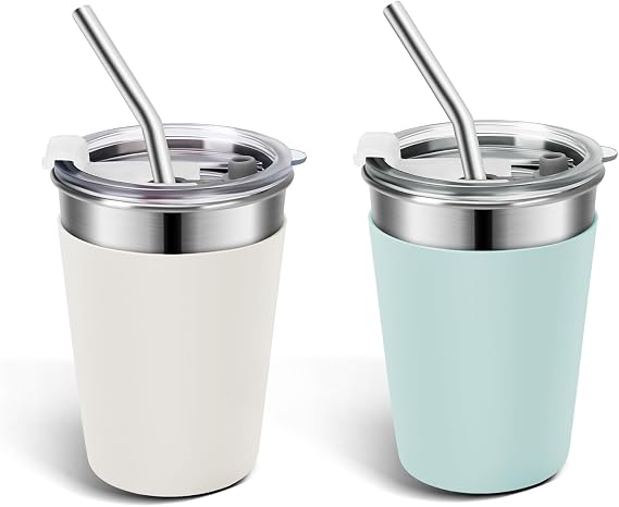 2pcs Stainless Steel Toddler Cups, 12oz Kids Cups with Lids and Straws | Spill Proof, Easy to Clean, Dishwasher Safe, Unbreakable, with Stainless Steel Straws, Heat-insulated Sleeves, for Drinks