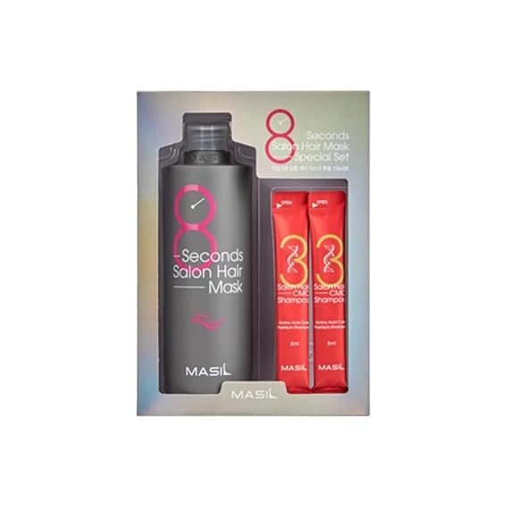 MASIL 8 Seconds Salon Hair Mask Special Set, Korean Treatment for Dry Damaged Hair with Keratin & Proteins, Deep Moisturizing Anti-Frizz Self Care (11.84 fl oz + 2 x 8ml Shampoo Sachets)