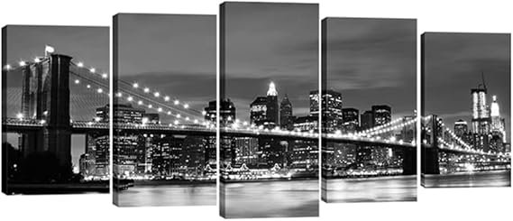 Wieco Art New York Brooklyn Bridge Canvas Wall Art Night View 5 Panels Modern Landscape Artwork Canvas Prints Abstract Pictures to Photo Canvas Wall Decor for Home & Office Decorations