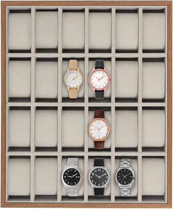 24 Slot Watch Box Organizer for Men Women, Wooden Watch Display Case with Removable Pillows, Flannelette Lined Storage Box for Watches, Bracelets, Earrings Gray Walnut (15.75" x 12.99" x 1.77")