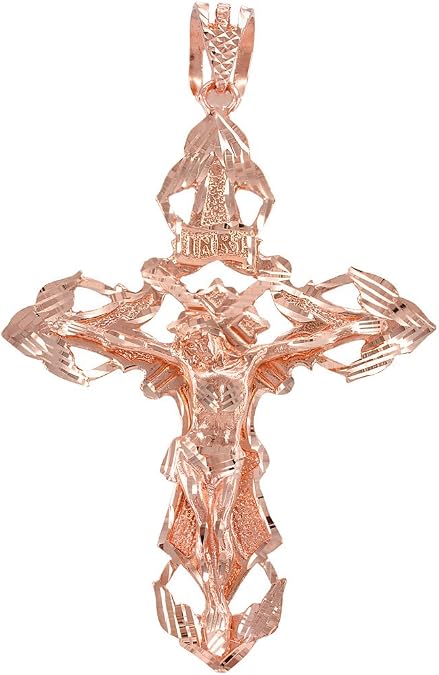 Solid 10k Rose Gold Extra Large Hip-Hop Cross Inri Crucifix Necklace Pendant