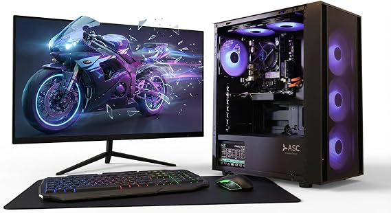 ASC Gaming PC Bundle, Intel Core i7, RTX 3050 6GB Graphics, 16GB RAM, 256GB SSD + 500GB HDD, WiFi, Windows 11 pro, 550W 80+ PSU, Black 6 Fan RGB Gaming Case, 22” Monitor Bundle