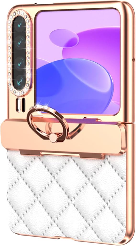 Leather Case for Huawei Pura X, Electroplated Shockproof Hinge Cover Glitter Sparkle Camera Protection with Finger Ring,White,Pura X