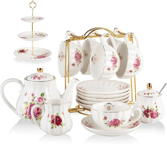 Porcelain Tea Sets British Royal Series, 8 OZ Cups& Saucer Service for 6, with Teapot Sugar Bowl Cream Pitcher Teaspoons and tea strainer for Tea/Coffee with 3 Tier Ceramic Cake Stand(Red Flower)