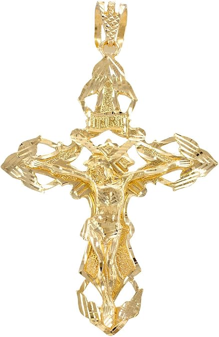 Solid 14k Yellow Gold Extra Large Hip-Hop Cross Inri Crucifix Necklace Pendant