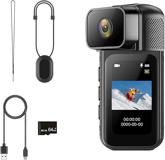 2.7K Mini Body Camera,64G Thumb Action Bodycam,Magnetic Body Cam with Audio Recording Wearable,1.47" HD Display,180 Rotating Lens for Portable Vlogging and Pet Walking(Black)