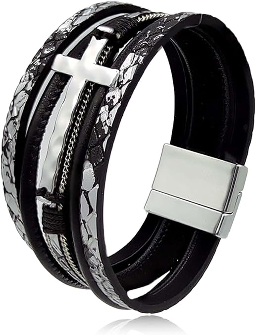 Long tiantian Leather Bracelets for Women Cross Bracelet Boho Bracelet Stackable Cuff Bracelets for Women Trendy Jewelry Gifts Stocking Stuffers