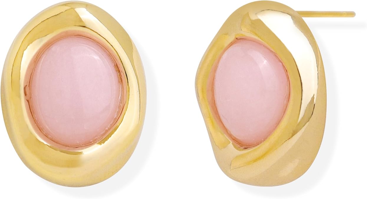 Sonateomber Gold Statement Stone Stud Earrings for Women, Trendy Chunky Natural Gemstone Oval Hypoallergenic Earring Prom Accessories Fashion Jewelry Gift