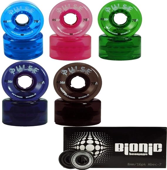 Atom Skates Pulse Outdoor Quad Roller Wheels 78A with Bionic Bearings, Purple, Set of 8, 65mm x 37mm