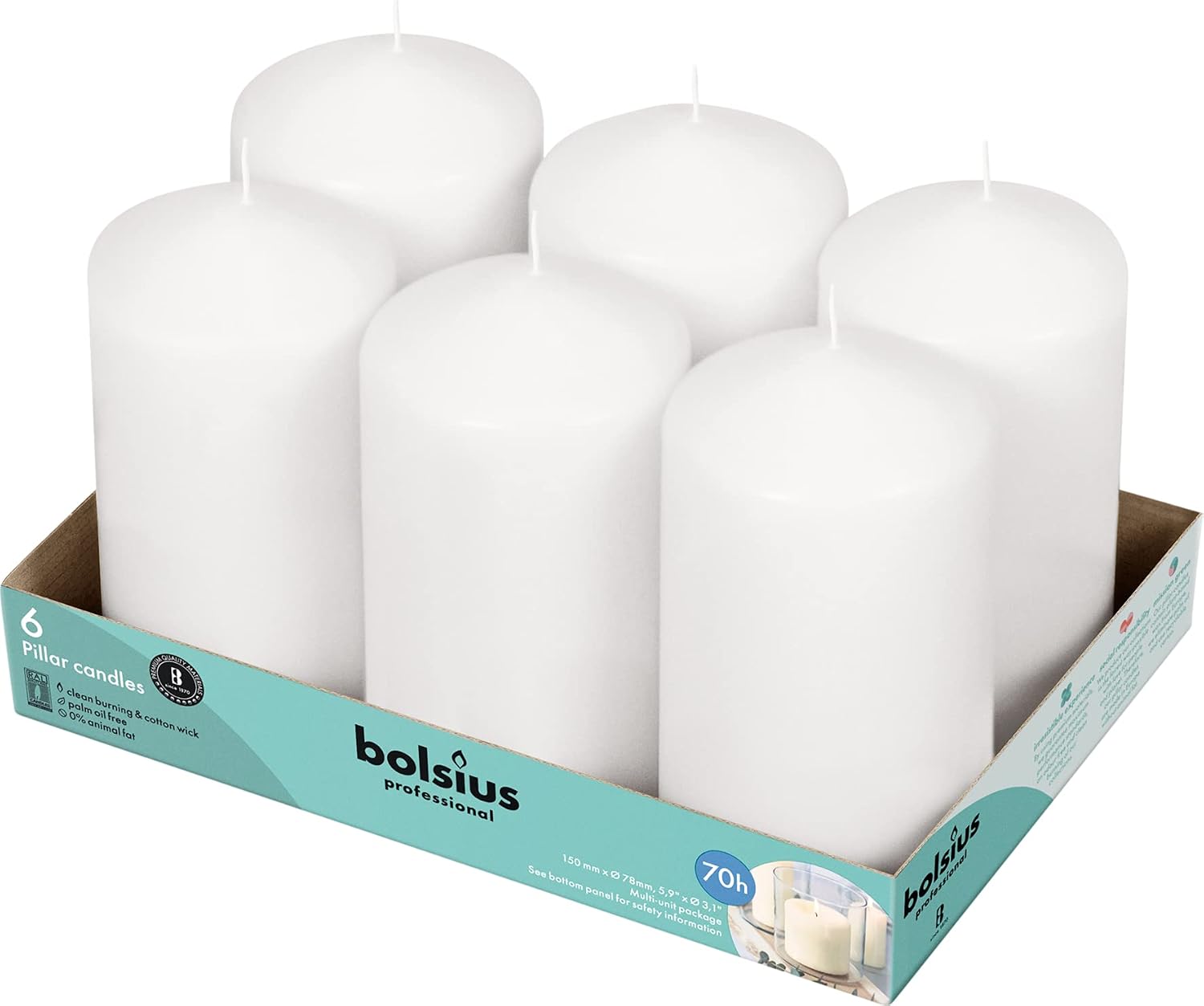 BOLSIUS 6 White Pillar Candles Bulk - 3x9 Inches Candle Set - 116 Hours Clean Burning - No Palm Oil - 0% Animal Fat - Premium European Quality - Unscented Dripless Any Occasion Pillars