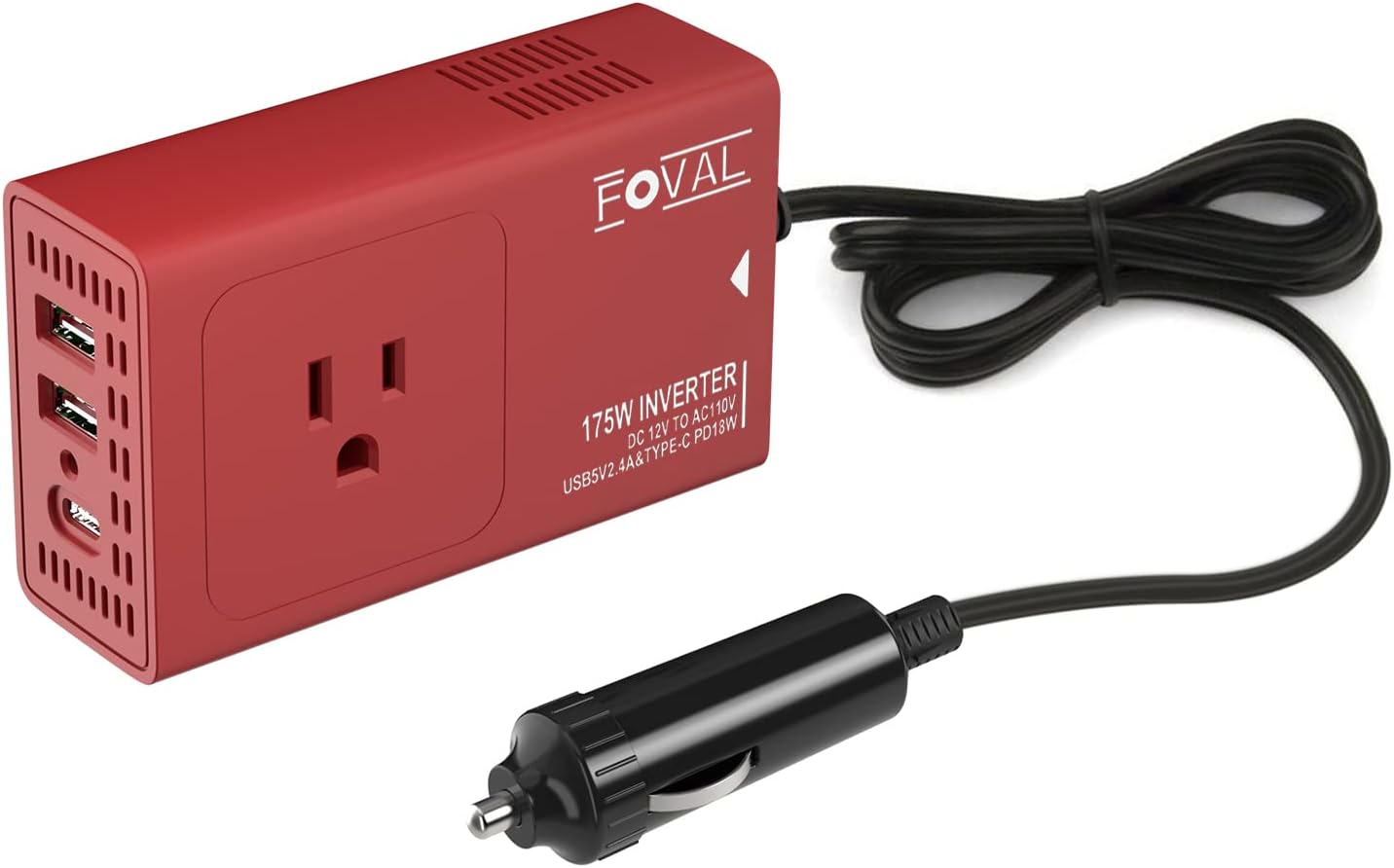 FOVAL Upgraded 175W Car Power Inverter 12V DC to 110V AC Converter Vehicle Adapter Plug Outlet with [18W PD USB-C] Multi USB Ports Car Charger for Laptop Computer