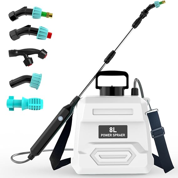 Battery Powered Garden Sprayer 2 Gallon, 7.4V Powerful Electric Backpack Sprayer, Weed Yard Lawn Sprayer with 5 Mist Nozzles & Retractable Wand & Adjustable Strap for Lawn, Garden, Yard