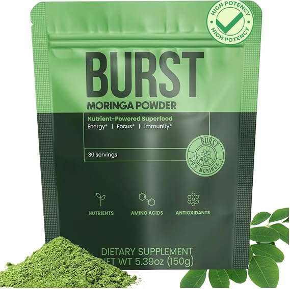 Burst Moringa Powder Organic 150g | Wild Harvested 100% Pure Moringa Leaf from the Miracle Tree, Non-GMO, Gluten-Free, Vegan | Rich in Vitamins, Minerals & Antioxidants | Natural Superfood Powder