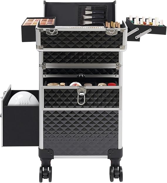 Makeup Train Case, 3 in 1 Rolling Makeup Train Case, Beauty Trolley Professional Makeup Travel Case with Lock and Key, Makeup Case Organizer Makeup Travel Case (Black)