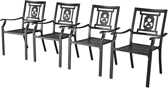 300lbs Patio Chairs Set of 4 Outdoor Dining Chairs, Steel Frame Stackable Wrought Iron Black Chair with Armrest for Garden, Backyard, Lawn