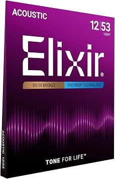 Elixir Strings, Acoustic Guitar Strings, 80/20 Bronze with POLYWEB Technology, Longest-Lasting Warm Tone with Comfortable Feel, 6 String Set, Light 12-53