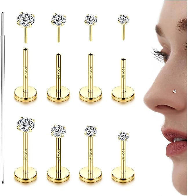 LOLIAS Nose Rings for Women, Threadless Nose Studs and Flat Back Earrings | Hypoallergenic 316L Surgical Steel Labret Studs, Push In Flat Back Earrings, CZ Nose Nostril Tragus Helix Piercing Jewelry