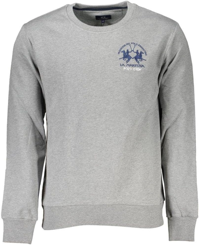 La Martina Embroidered Cotton Crewneck Mens Sweater Gray, X-Large