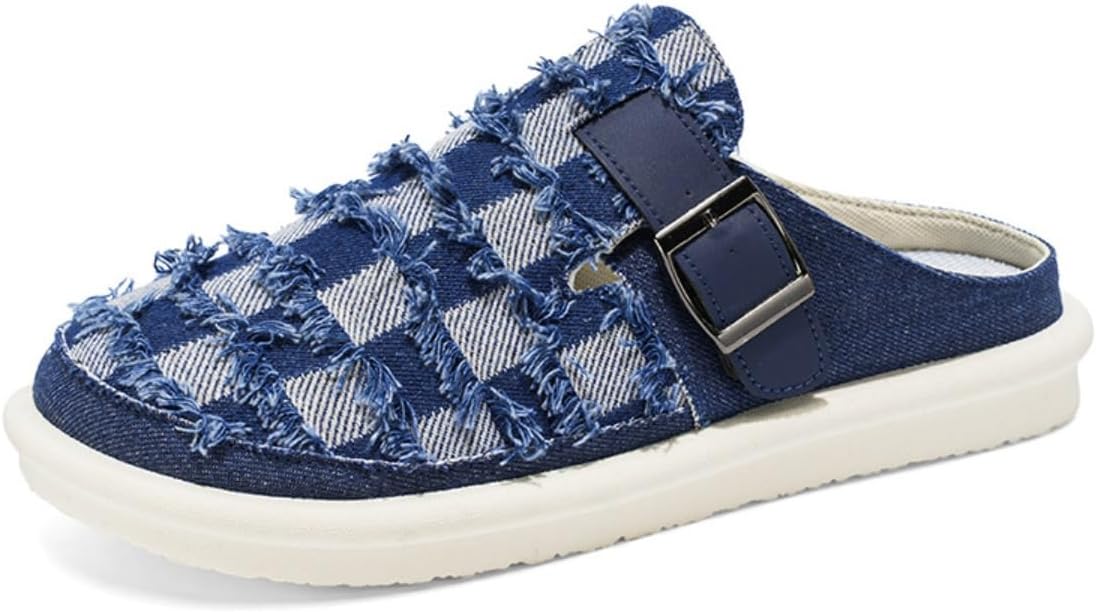 Canvas Denim Stylish Checkerboard Clogs + for House Garden Walking Travel Daily Wear + Adjustable Backstrap Ergonomic Footbed Non Slip Lightweight Mule Style