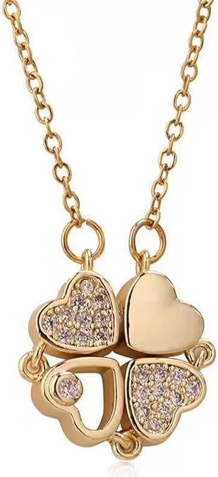 Titanium- Steel Four-Leaf Clover- Necklace, Magnetic Folding Loves Heart-Shaped Clavicle Pendant Chain