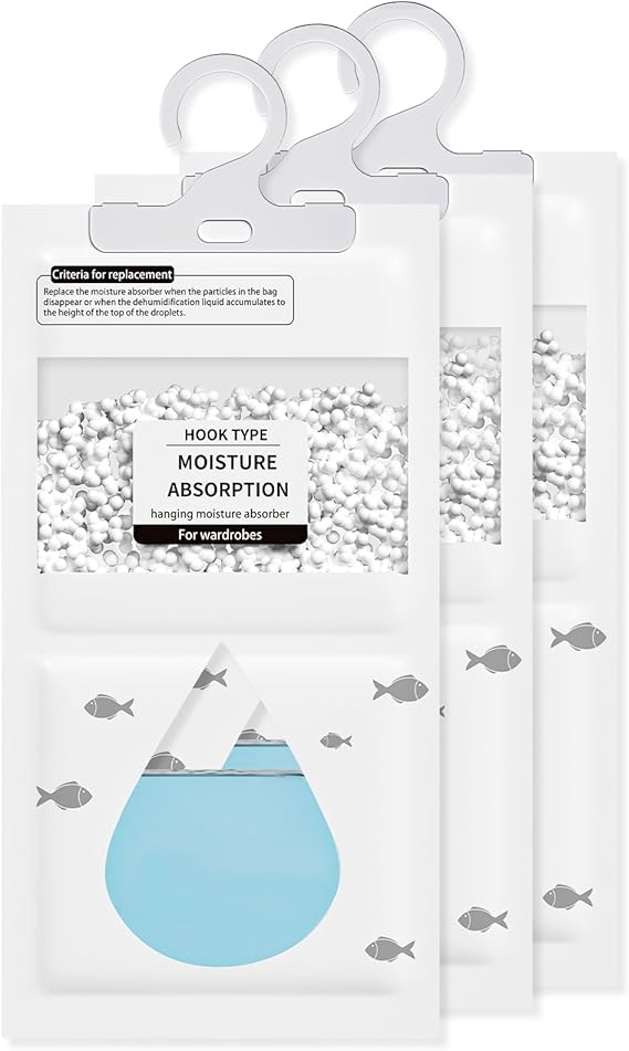 3 Pack Wardrobe Dehumidifier Hanging Bags, High Absorbency Moisture Absorbers for Damp, Mould & Condensation, Eco-Friendly Dehumidifiers for Home, Bathroom, Basement, Office & Caravan