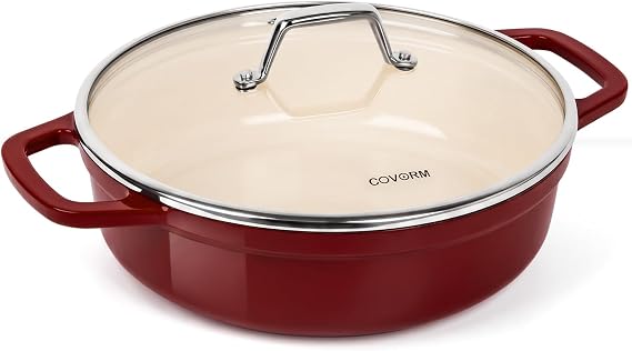 Lightweight Enameled Cast Iron Braiser - 4.5QT Braiser Pan with Glass Lid, Shallow Dutch Oven for Braising, Simmering